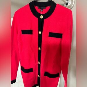 Red Cardigan with Black Trim and Gold Buttons